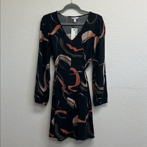 NWT Nine West Black Belted Shift Dress Pink Coral Swirl Pattern Long Sleeve - Picture 3 of 6